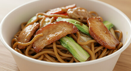 Bowl of yakisoba, a Japanese stir-fried noodle dish. It contains noodles mixed with slices of cooked meat and vegetables, such as green onions. The dish is seasoned with a savory sauce.