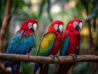 Three vibrant macaws perch on a branch, their colorful feathers a striking contrast against the lush green background.