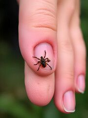 Obraz premium Infectious tick bitten woman hand and is sucking blood, risking infecting with dangerous disease or infection. Deer tick bite spreading illnesses and threatening life of shocked girl