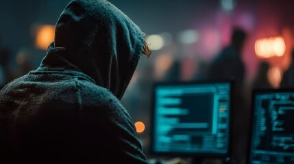 Hooded Figure in Front of Computer Screens with Blurred Urban Background
