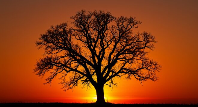 Silhouette of a bare tree against a vibrant orange and red sunse