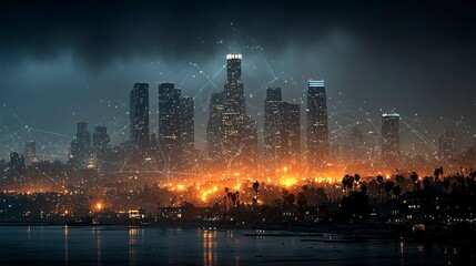 Illuminated Urban Skyline with Futuristic Network Connections at Night