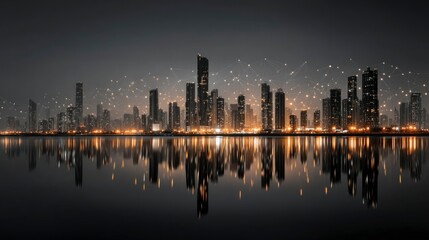 Fototapeta premium Illuminated Urban Skyline with Reflective Water and Network Connections