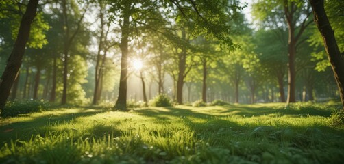 Obraz premium Soft-focus sunlit green bokeh, blurred garden trees, abstract, background