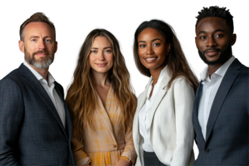 Group of diverse professionals smiling together against a transparent background, dressed in smart business attire, representing teamwork and collaboration in a modern office environment