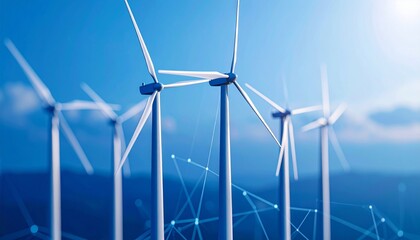 Modern Wind Turbines Generating Renewable Energy against a Blue Sky with a Digital Overlay of Data Connections and Technology