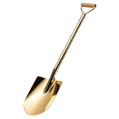 A gleaming golden shovel with a wooden handle, ready for work