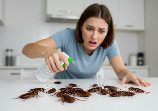 Woman applying insect spray to eliminate cockroaches on indoor surface.