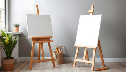 Wooden easel with blank canvas near grey wall indoors, crayon drawing. White tone