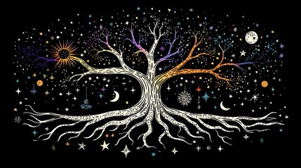 Cosmic multiverse tree with its roots in quantum fields and branches spanning civilizations timelines and metaphysical layers featuring dimensional growth
