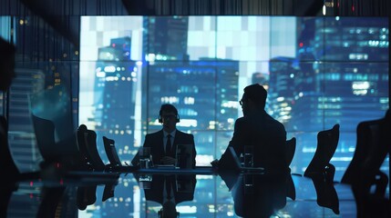 Business meeting in a modern office with a cityscape view at night and silhouetted figures present