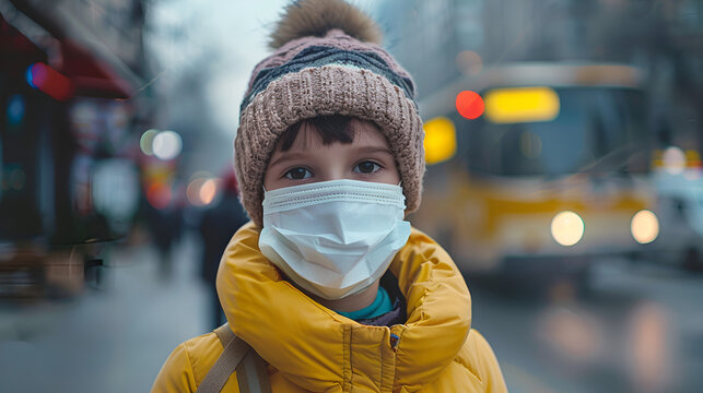 A young child wearing a face mask and winter hat standing on a city street with a bus in the background