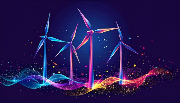 Vibrant Digital Art of Colorful Wind Turbines in a Night Sky with Sparkling Waves and Abstract Swirls of Energy