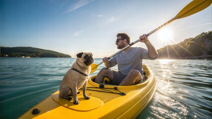 Naklejka premium Man Kayaking with Pug Dog on Sunny Day in Yellow Kayak 
