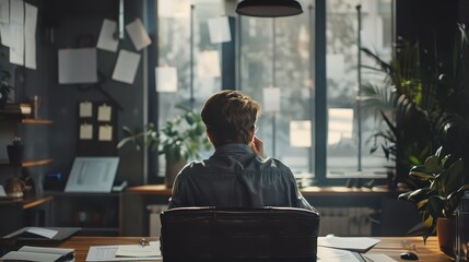 Man sitting at a desk in front of a window in an office with papers and plants in the background