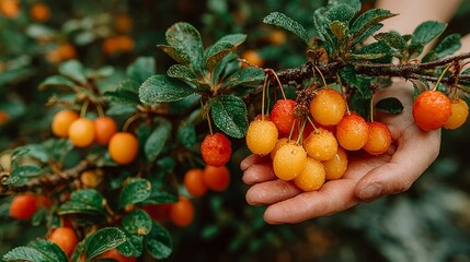 Freshly Picked Berries in Hand Amidst Lush Greenery Highlighting Natures Bounty and Vibrant C