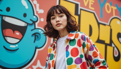 Fototapeta premium Stylish young Asian woman with wavy hair posing confidently in a colorful polka-dot jacket against a vibrant street art background, creative concept of fashion or lifestyle brands