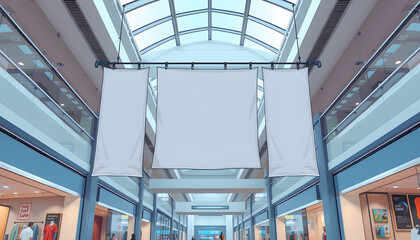 Clean, empty banners hanged inside the shopping mall. Brand promotion, mockup. White tone