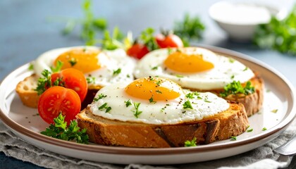 Deliciously cooked eggs on toasted bread with fresh tomatoes garnished with herbs in morning