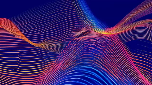 Glowing neon lines flow smoothly across a deep blue background forming abstract wave shapes with a retro 80s aesthetic and minimal composition. Concept of futuristic retro design