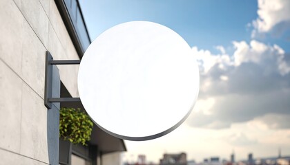 Blank White Round Sign Building Exterior with Cloudy Sky