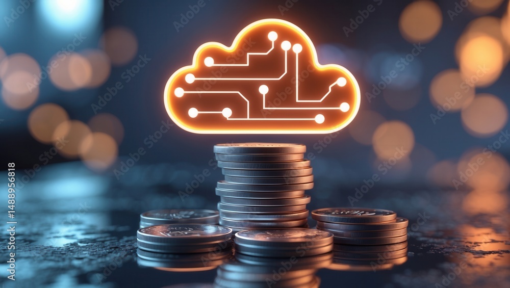 Aufkleber glowing cloud icon with circuit design above stacked coins representing cloud computing and digital 