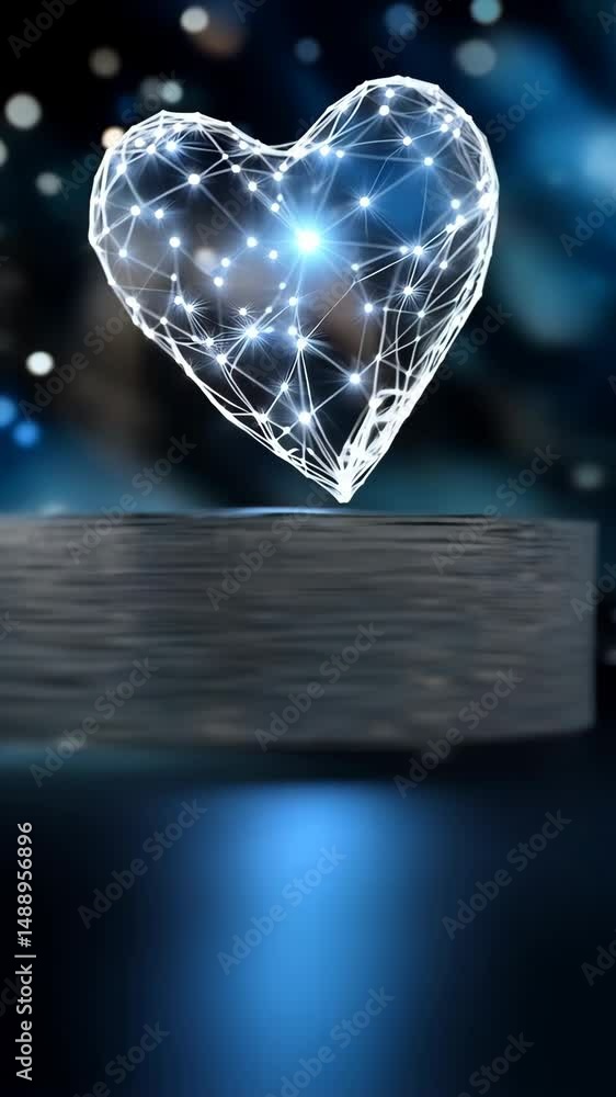 Poster digital network heart hovering over a reflective surface with a dark and luminous background