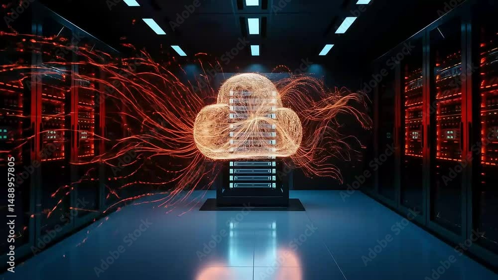 Aufkleber futuristic cloud computing concept with glowing data flow in a modern server room, illustrating digi