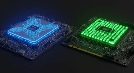 Blue and Green Glowing Computer Components on Dark Surface