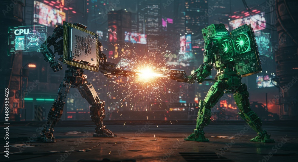 Poster cyberpunk cpu and gpu robots clash in a futuristic city battle