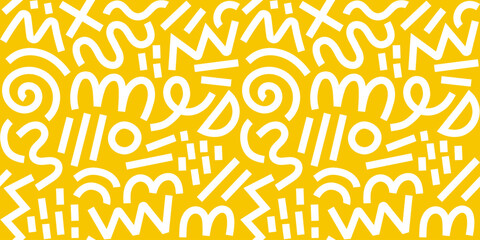 Memphis geometric seamless pattern. Pink pastel abstract background in retro 80s, 90s style with various shapes: circles, semicircles, dots, zigzags, spirals, wavy lines. Cute kid doodle design.	