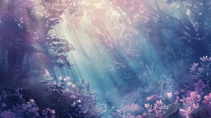 Fototapeta premium Sunlight streams through a forest canopy illuminating purple and white flowers in a dreamy scene