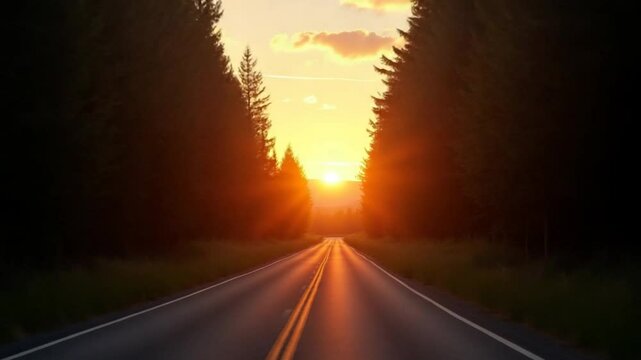 An empty road winding through a serene forest at sunset