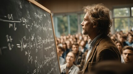 Professor Teaching Complex Mathematics in a Classroom Setting with Engaged Students