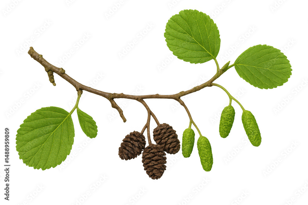 Poster alder tree branch displaying verdant foliage and characteristic woody cones, isolated on transparent