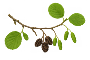 Alder tree branch displaying verdant foliage and characteristic woody cones, isolated on transparent backdrop with botanical clarity