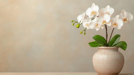 White Orchid in Speckled Beige Vase Against Textured Wall