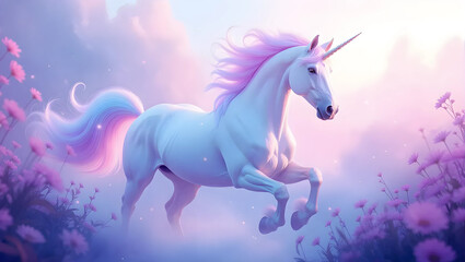 Fototapeta premium Enchanting White Unicorn Galloping Through a Field of Pink Flowers