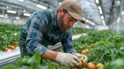 Farmer Tending to Tomatoes in a Modern Greenhouse