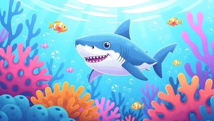 Obraz premium Adorable Shark and Fish in a Colorful Underwater Scene