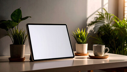 Fototapeta premium Minimal Workspace with Blank Tablet Screen