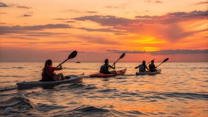 Group of friends kayaking on the sea at sunset