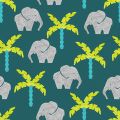 Seamless pattern with cute elephants and palm trees