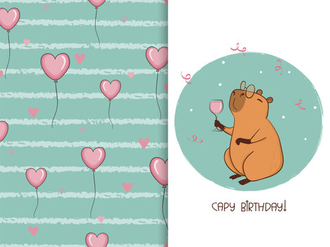 Happy Birthday card template with cute capybara. Vector celebration illustration - Powered by Adobe
