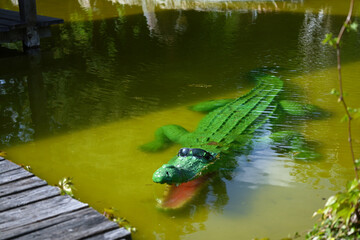 Bright green artificial crocodile in sunglasses and with open mouth lies in water