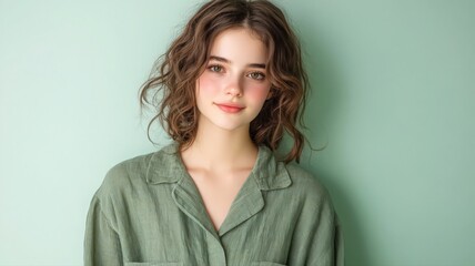 Fototapeta premium Cheerful Portrait of a Young Woman with Curly Hair Against a Green Background
