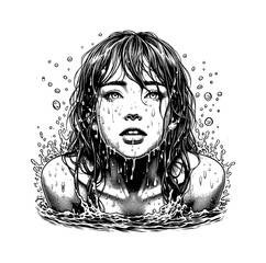 Distressed Woman with Wet Hair and Water Splashes in Black and White Line Art