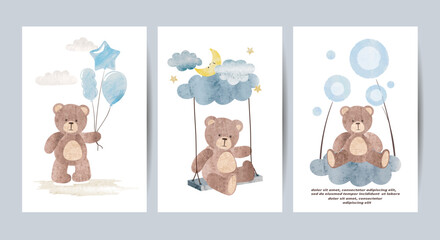Happy Birthday greeting cards or Baby shower posters set with cute Teddy bear. Vector watercolor illustration