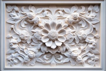Ornate, floral bas-relief carving in light cream.
