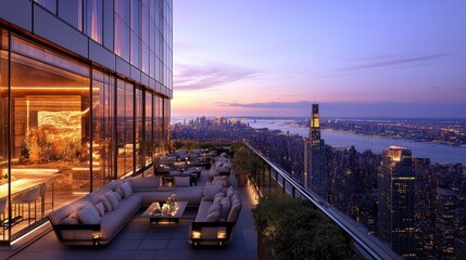 High-rise penthouse rooftop terrace overlooking the city skyline at dusk. Modern furniture and a stylish ambiance